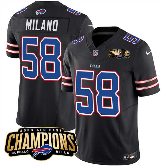 Men & Women & Youth Buffalo Bills #58 Matt Milano Black 2023 F.U.S.E. AFC East Champions With 4-star C Ptach Stitched Jersey,We sell and wholesale Men & Women & Youth Buffalo Bills #58 Matt Milano Black 2023 F.U.S.E. AFC East Champions With 4-star C Ptach Stitched Jersey on line form chian!